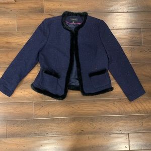 EUC Talbots Navy Wool Tweed Style Jacket with Fur Trim 10